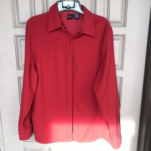 Basic Editions Top Red SzM Poly/Spandex Long Sleeves Collar/Cuffs Button Up